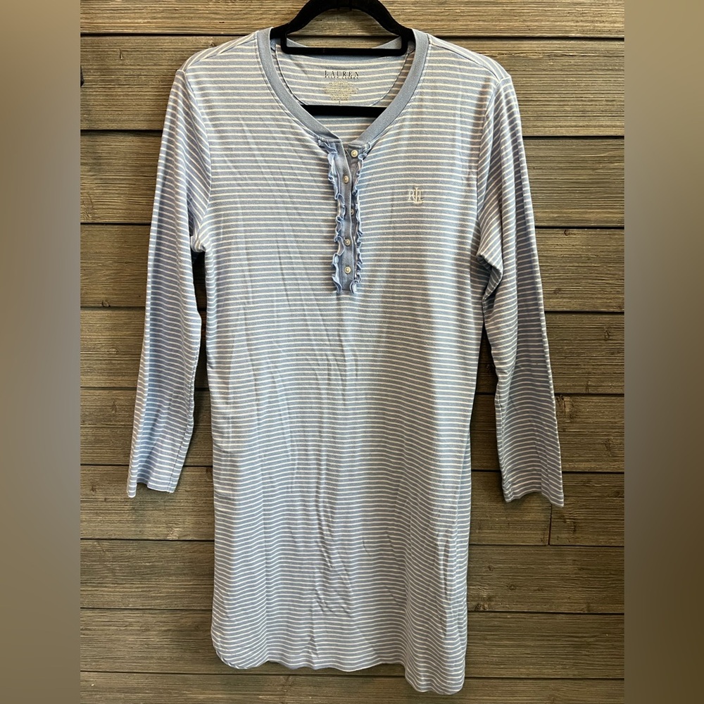 Lauren Ralph Lauren Light Blue & White Striped Henley Nightshirt